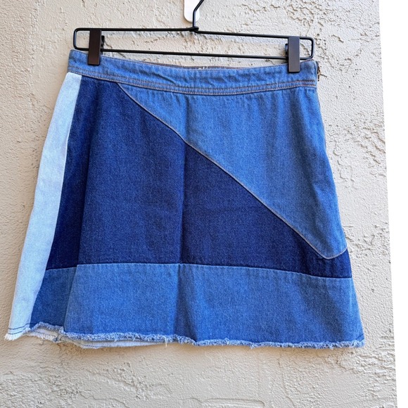life in progress Dresses & Skirts - Life In Progress Womens Patchwork Blue Denim Mini Skirt MEDIUM Boho Indie